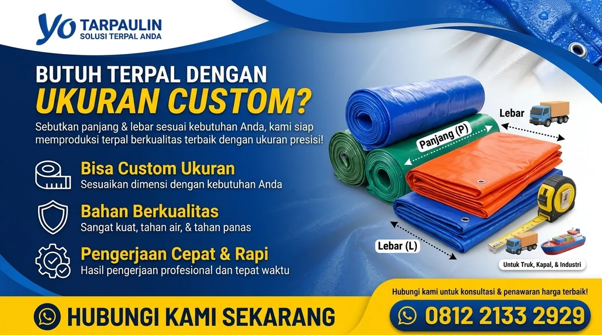 Butuh terpal dengan ukuran custom? Bisa custom ukuran, bahan berkualitas, pengerjaan cepat & rapi — hubungi kami sekarang 0812 2133 2929
