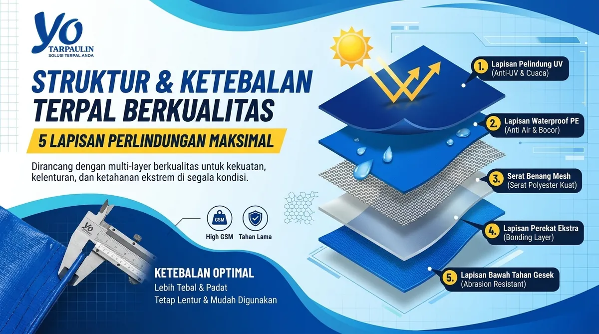 Struktur dan ketebalan terpal Yo Tarpaulin: lapisan bawah tahan gosek, inti kain, lapisan atas tahan UV dan panas