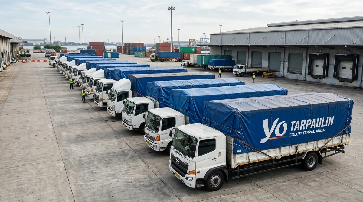 Armada truk Yo Tarpaulin siap antar pesanan ke lokasi proyek