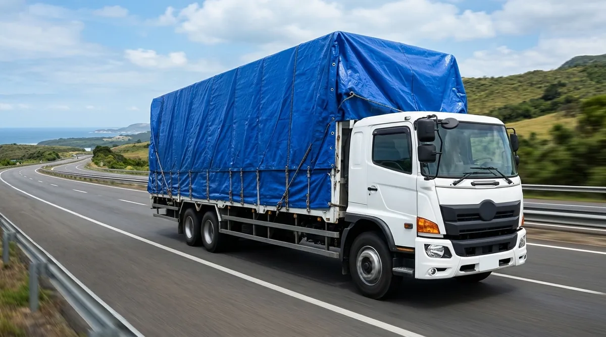 Truk bermuatan terpal biru Yo Tarpaulin melintas di jalan tol