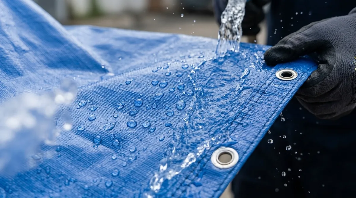 Tetesan air mengalir di permukaan terpal Yo Tarpaulin — bukti ketahanan air